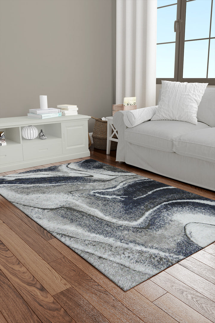 Turkish Shaggy Carlifornia Rug - 3.9 x 5.5 FT - White and Blue -Fluffy and Durable Floor Rug