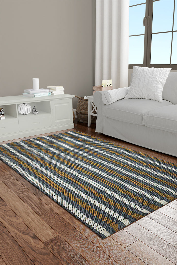 Hand Woven Modern Khaddi Rug - 2.9 x 5.0 FT - White and Yellow