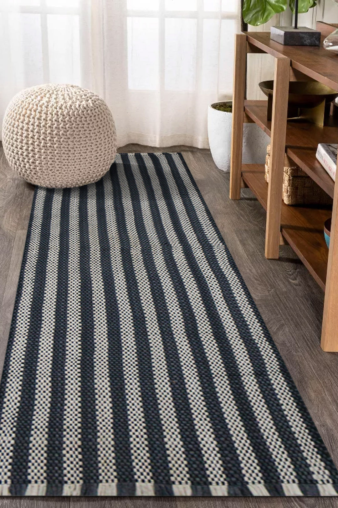 Hand Woven Modern Khaddi Rug - 1.9 x 5.9 FT - Gray and White