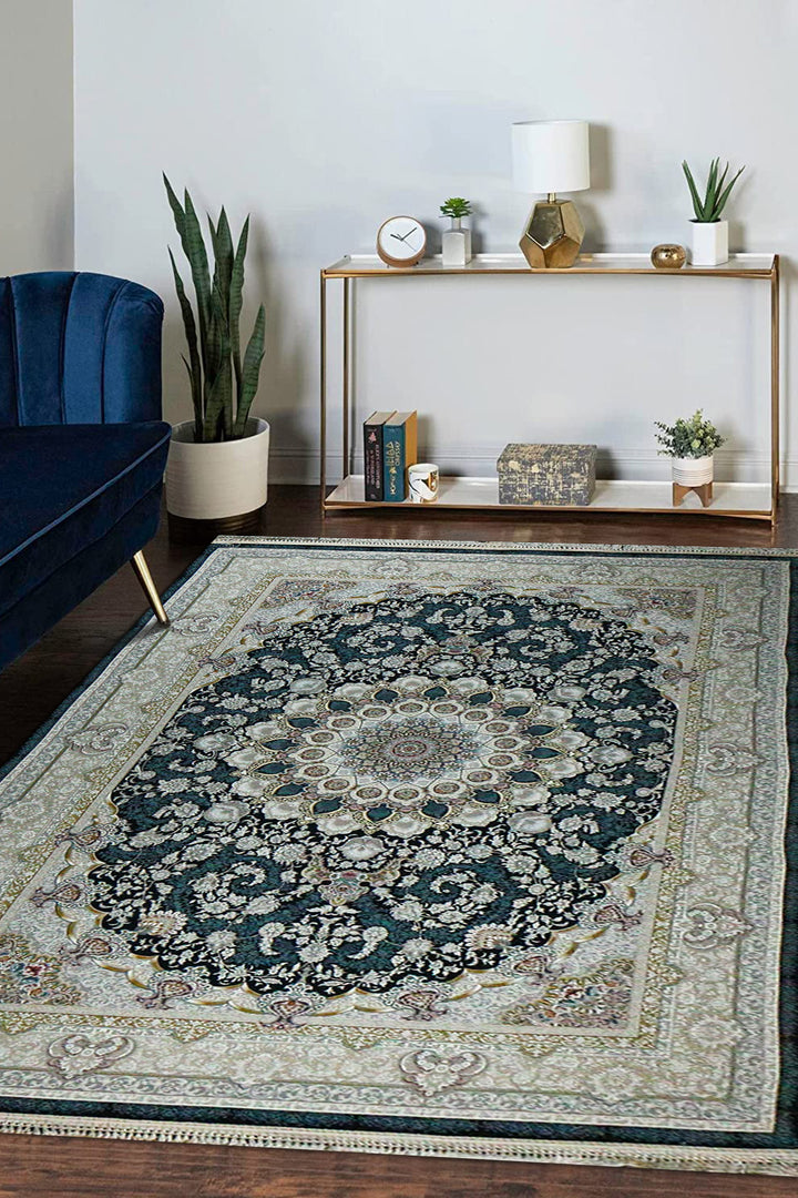 Iranian Premium Quality Authentic 1500 Rug - 6.5 x 9.8 FT - Blue and Cream - Resilient Construction for Long-Lasting Use