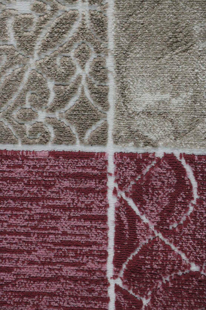 Turkish Modern Festival-1 Rug - 6.5 x 9.5 FT - Gray and Mehroon - Sleek and Minimalist for Chic Interiors