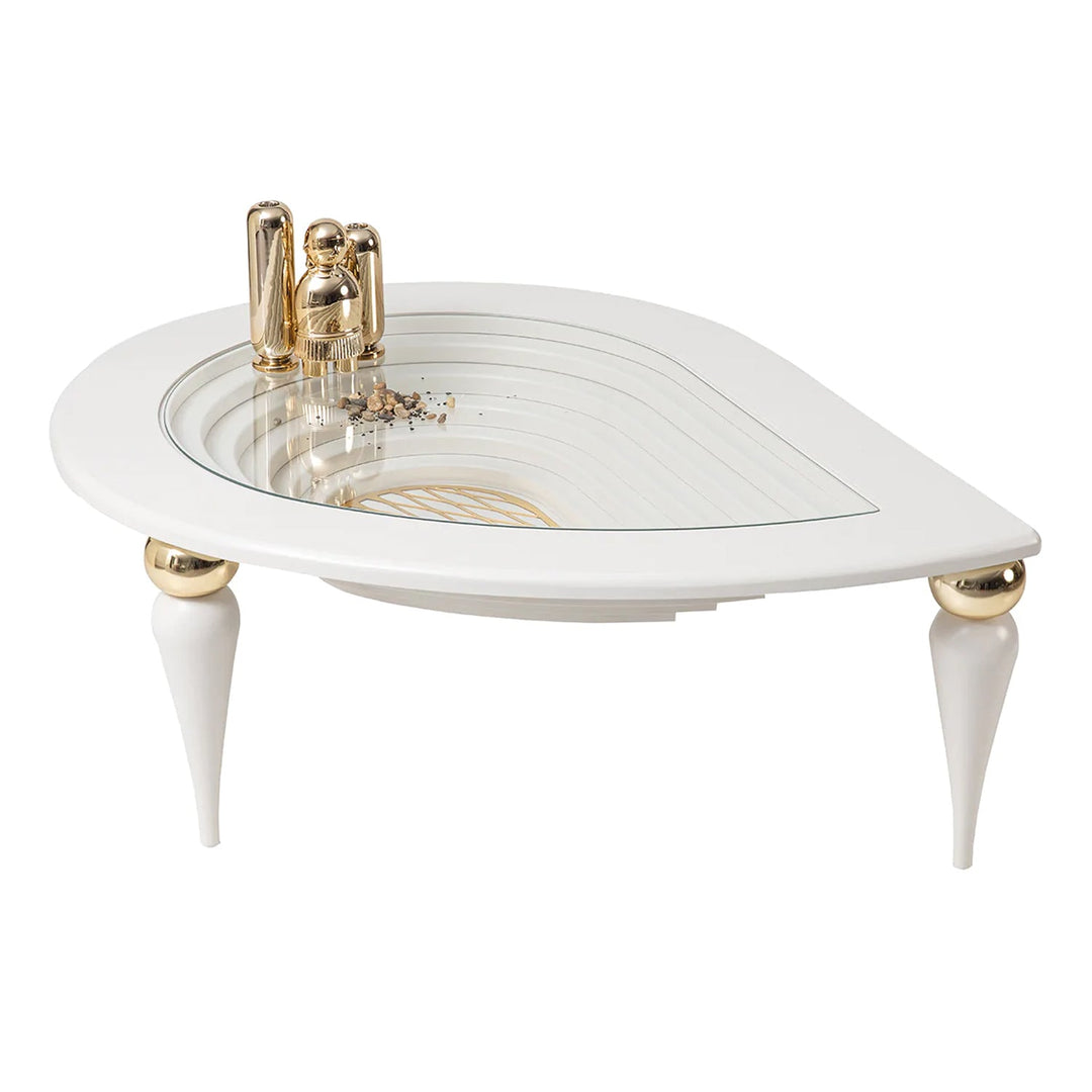 Turkish Center Table - MDF Paint - Cream Table With Golden Design - Tempered Glass - V Surfaces