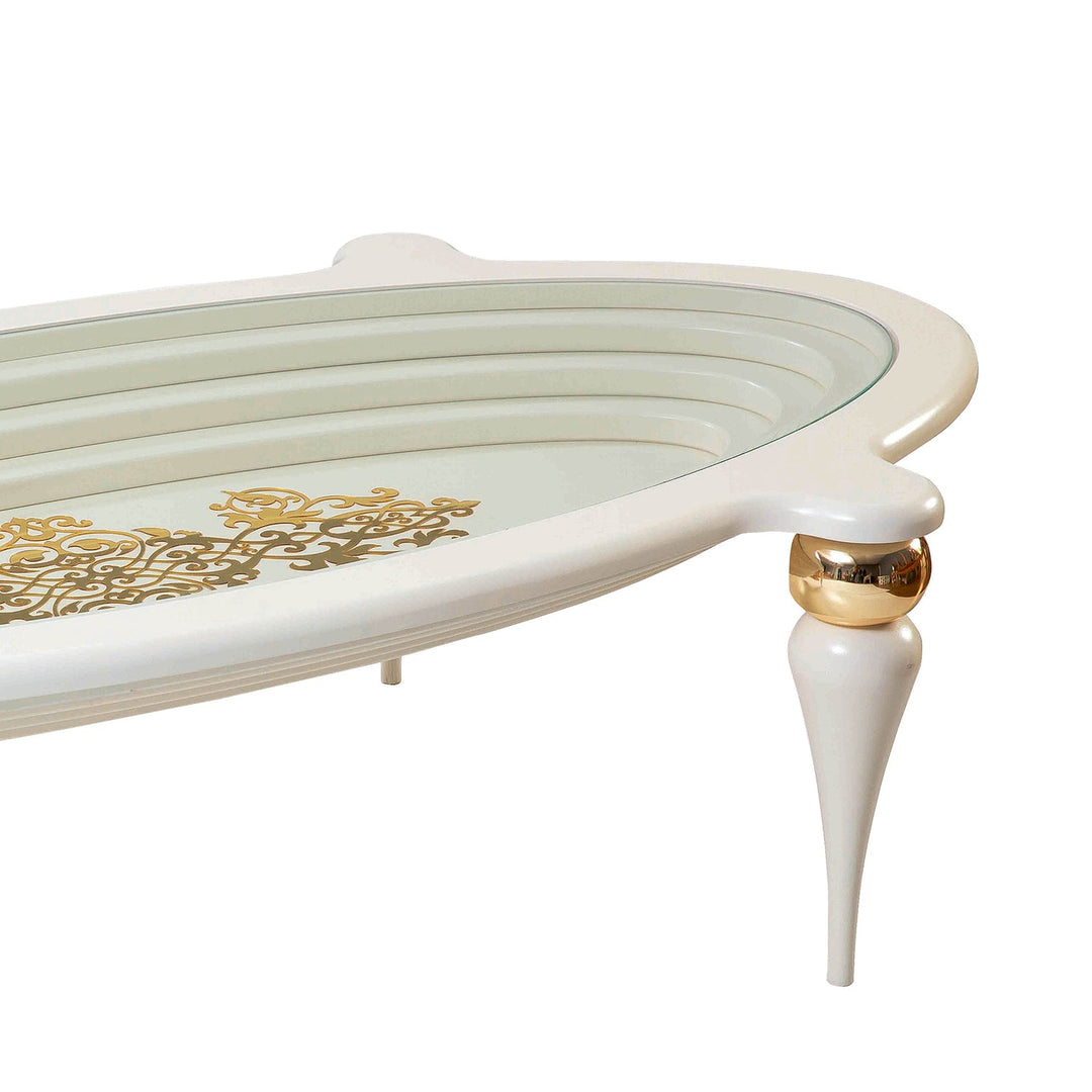 Turkish Center Table - MDF Paint - Cream Table With Golden Design - Tempered Glass - V Surfaces