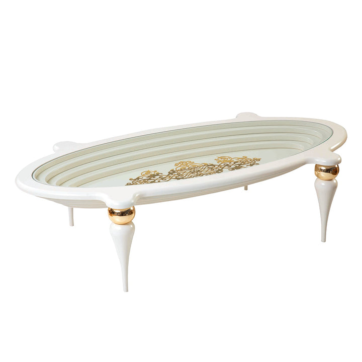 Turkish Center Table - MDF Paint - Cream Table With Golden Design - Tempered Glass - V Surfaces