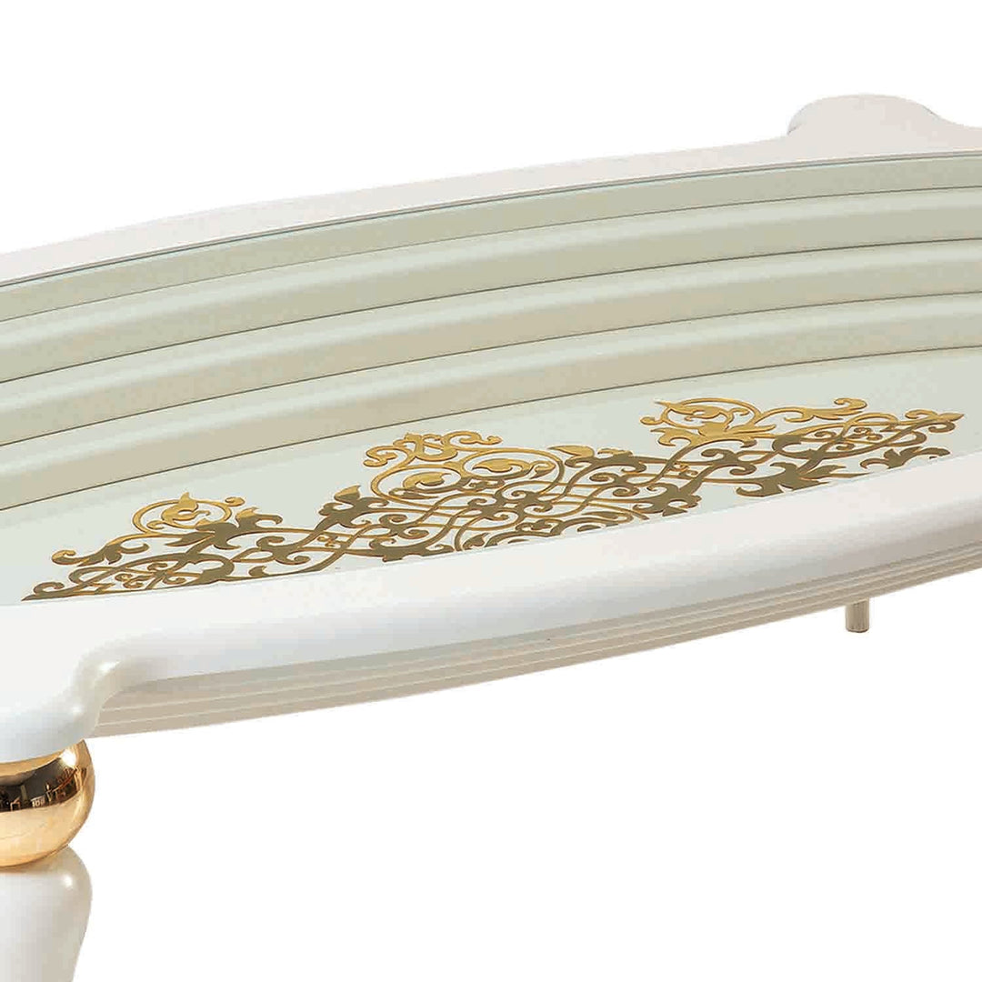 Turkish Center Table - MDF Paint - Cream Table With Golden Design - Tempered Glass - V Surfaces