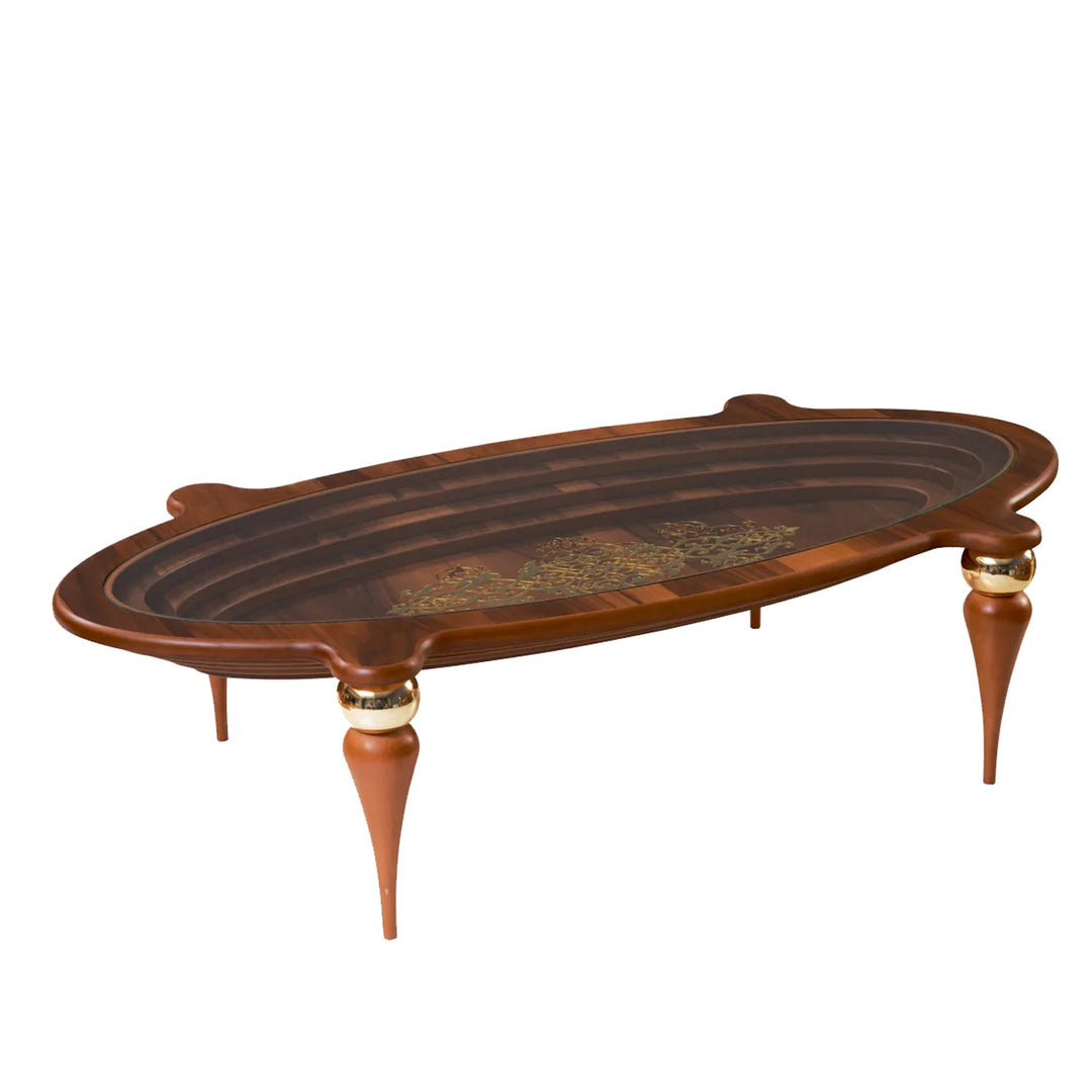 Turkish Center Table - MDF With Vineer Paint - Walnut Table With Golden Design - Tempered Glass - V Surfaces