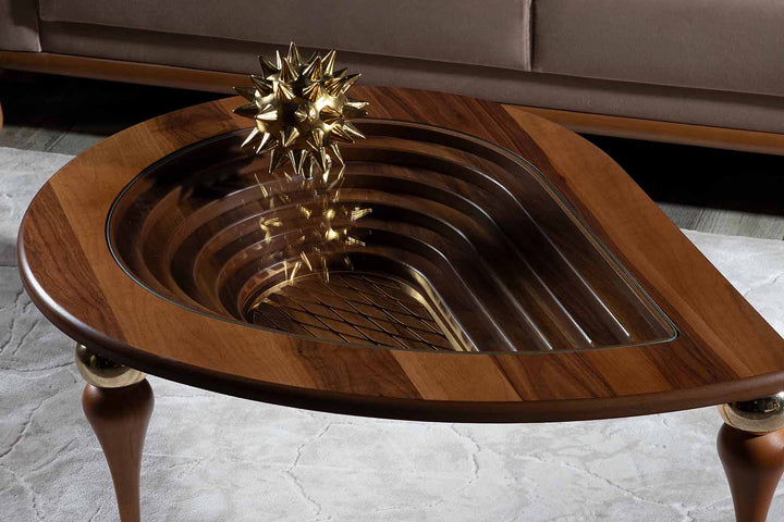 Turkish Center Table - MDF With Vineer Paint - Walnut Table With Golden Design - Tempered Glass - V Surfaces