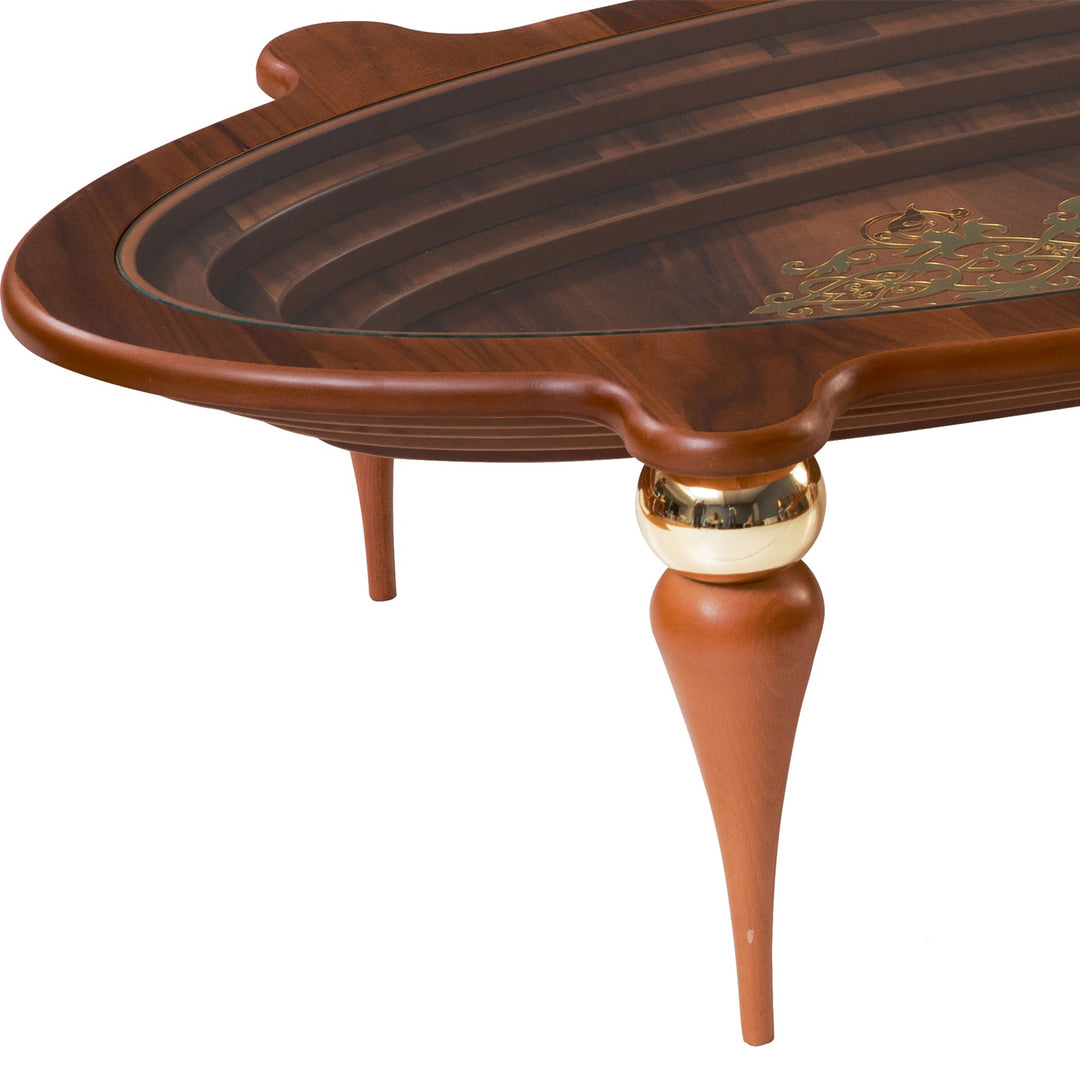 Turkish Center Table - MDF With Vineer Paint - Walnut Table With Golden Design - Tempered Glass - V Surfaces