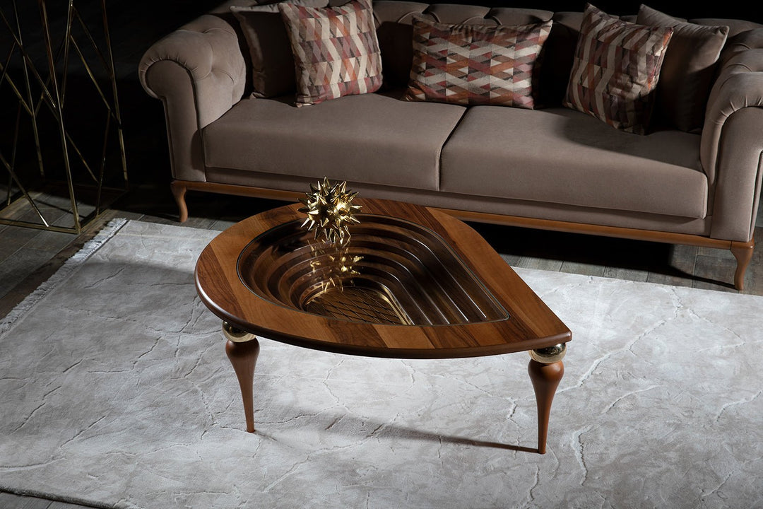 Turkish Center Table - MDF With Vineer Paint - Walnut Table With Golden Design - Tempered Glass - V Surfaces