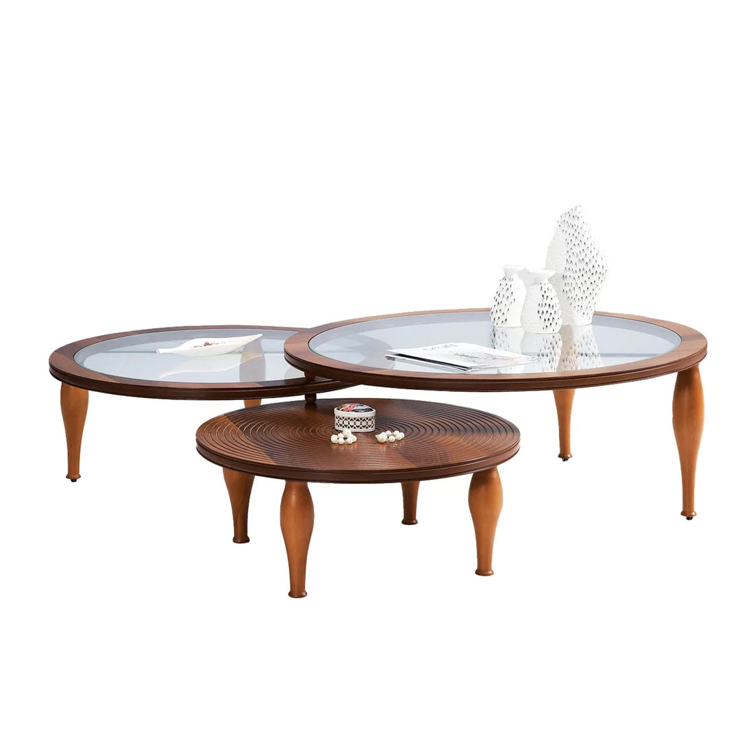 Turkish Center Table - MDF With Vineer Paint - Walnut Table With Golden Design - Tempered Glass - V Surfaces