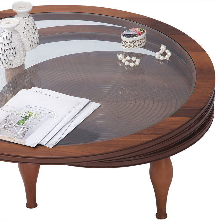 Turkish Center Table - MDF With Vineer Paint - Walnut Table With Golden Design - Tempered Glass - V Surfaces