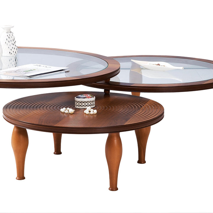 Turkish Center Table - MDF With Vineer Paint - Walnut Table With Golden Design - Tempered Glass - V Surfaces