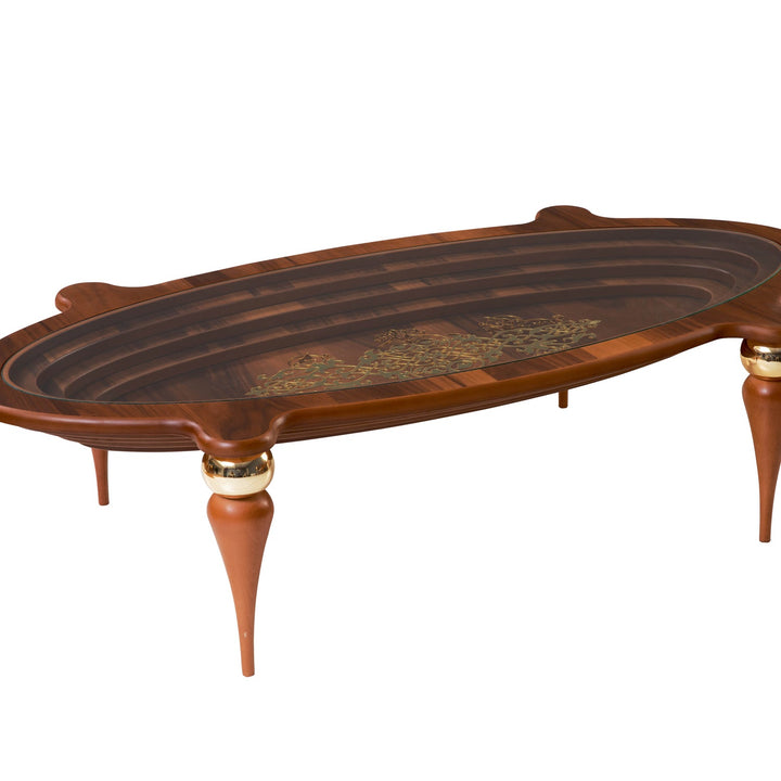 Turkish Center Table - MDF With Vineer Paint - Walnut Table With Golden Design - Tempered Glass - V Surfaces