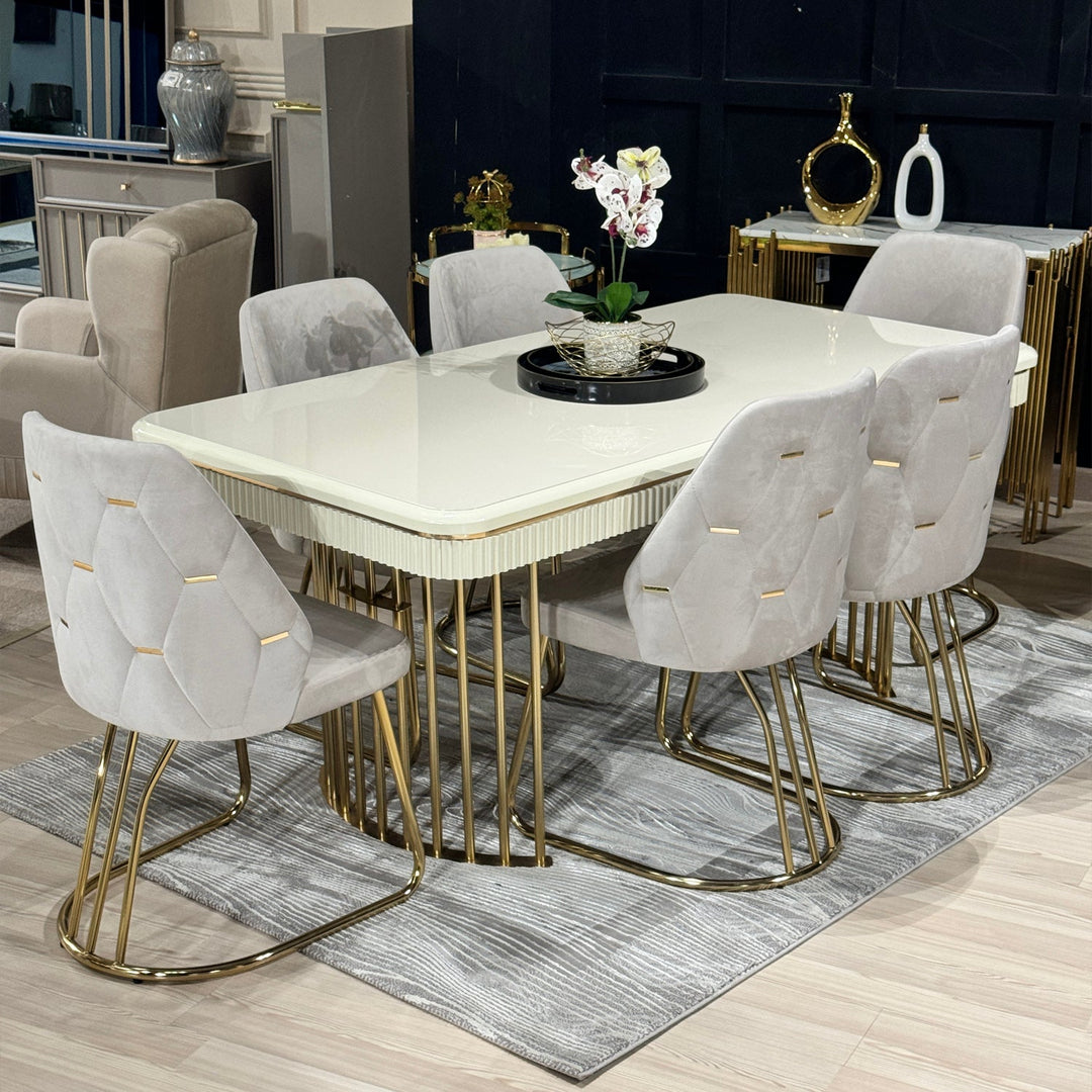 Turkish Daisy Dining Table with Fabric Chairs, (Dining Table + 6 Chairs) - V Surfaces