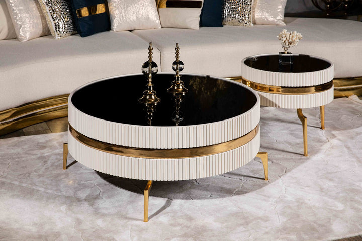 Turkish Ekru Table - Cream- With Gold Lines & Gold Metal Legs - MDF Paint With Tempered Smoked Glass - V Surfaces