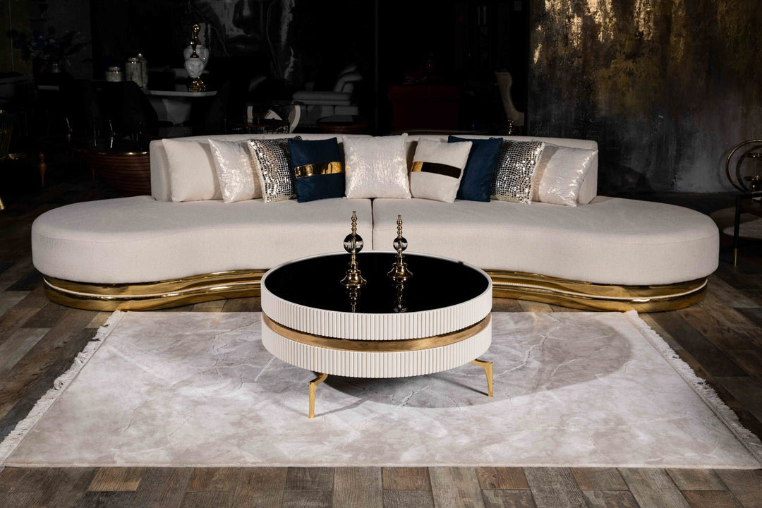 Turkish Ekru Table - Cream- With Gold Lines & Gold Metal Legs - MDF Paint With Tempered Smoked Glass - V Surfaces