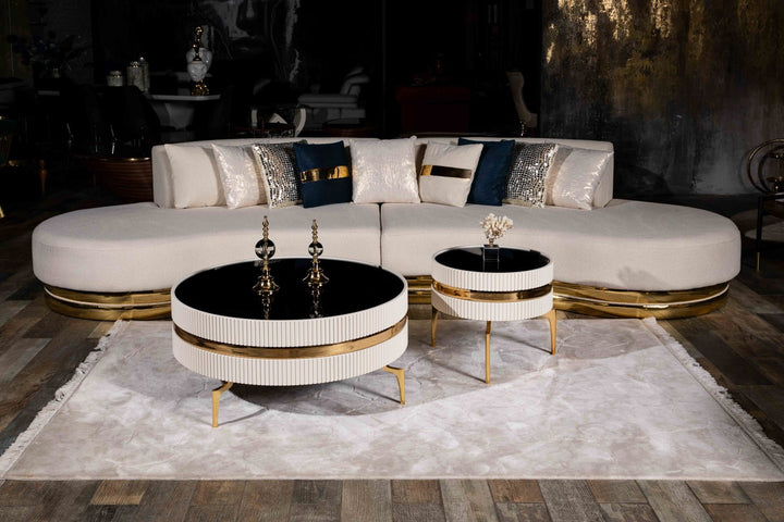 Turkish Ekru Table - Cream- With Gold Lines & Gold Metal Legs - MDF Paint With Tempered Smoked Glass - V Surfaces