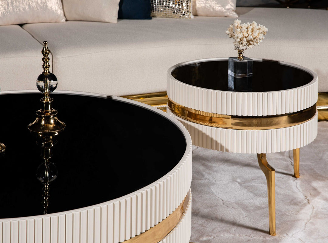 Turkish Ekru Table - Cream- With Gold Lines & Gold Metal Legs - MDF Paint With Tempered Smoked Glass - V Surfaces