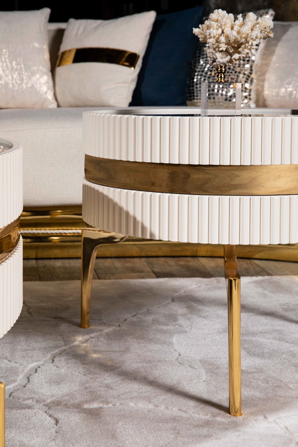 Turkish Ekru Table - Cream- With Gold Lines & Gold Metal Legs - MDF Paint With Tempered Smoked Glass - V Surfaces