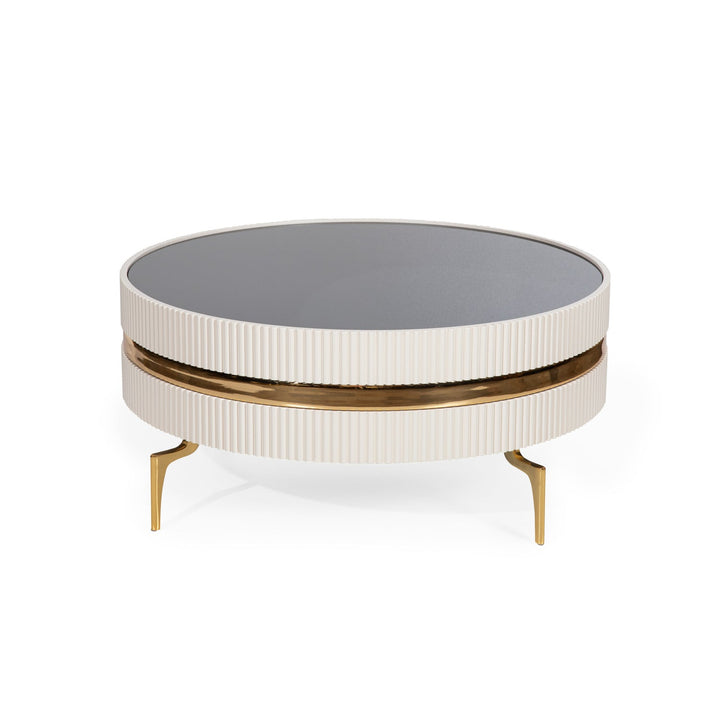 Turkish Ekru Table - Cream- With Gold Lines & Gold Metal Legs - MDF Paint With Tempered Smoked Glass - V Surfaces