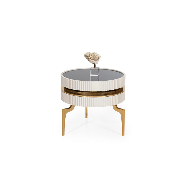 Turkish Ekru Table - Cream- With Gold Lines & Gold Metal Legs - MDF Paint With Tempered Smoked Glass - V Surfaces