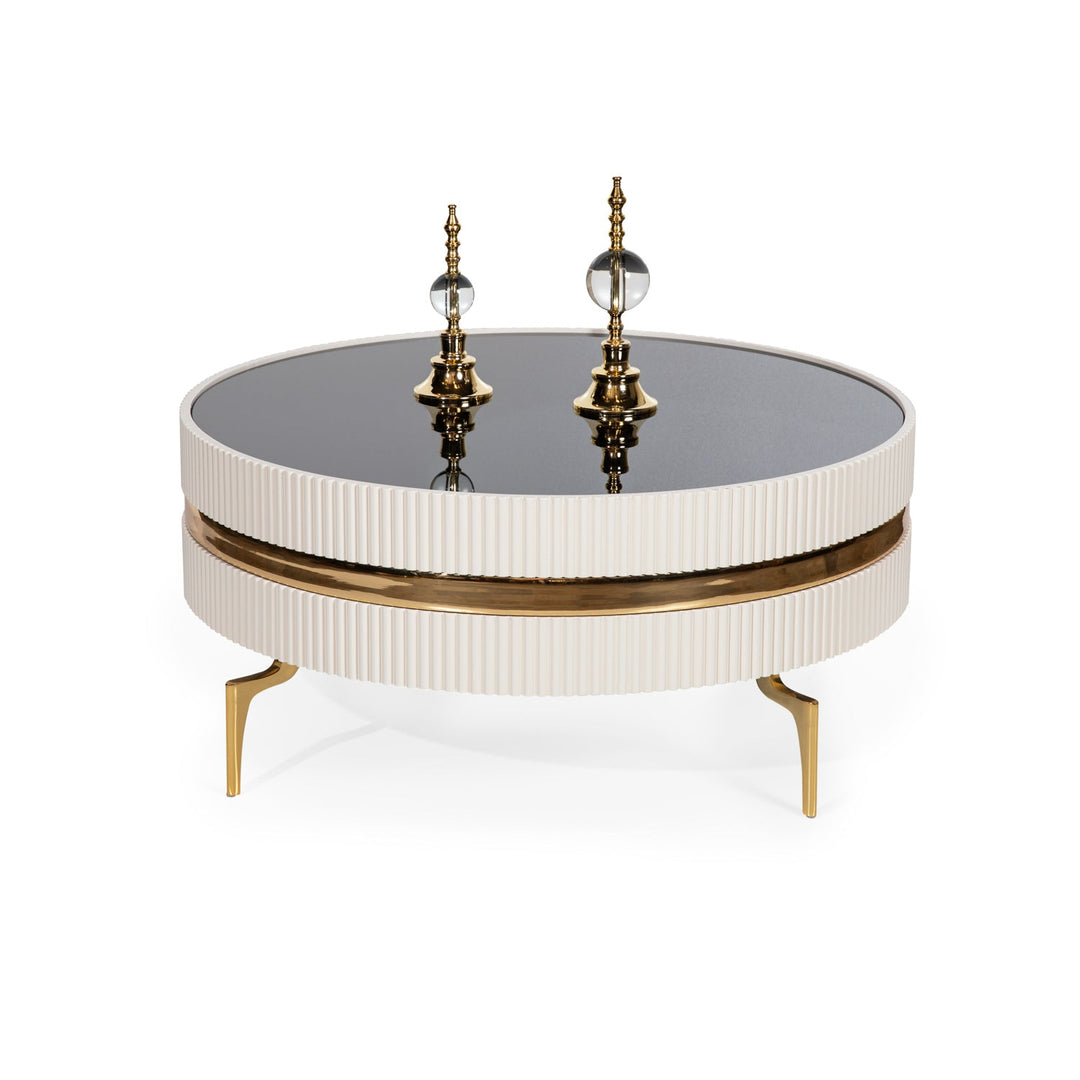 Turkish Ekru Table - Cream- With Gold Lines & Gold Metal Legs - MDF Paint With Tempered Smoked Glass - V Surfaces