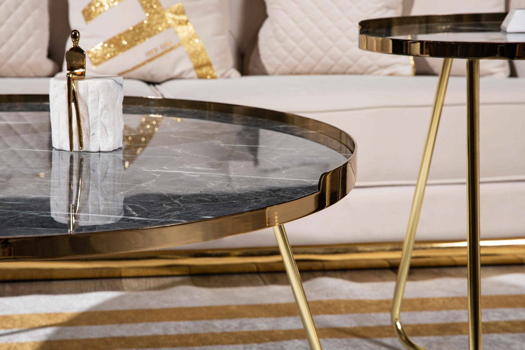 Turkish Gray MDF Marble Center Table, Gold and Gray - V Surfaces