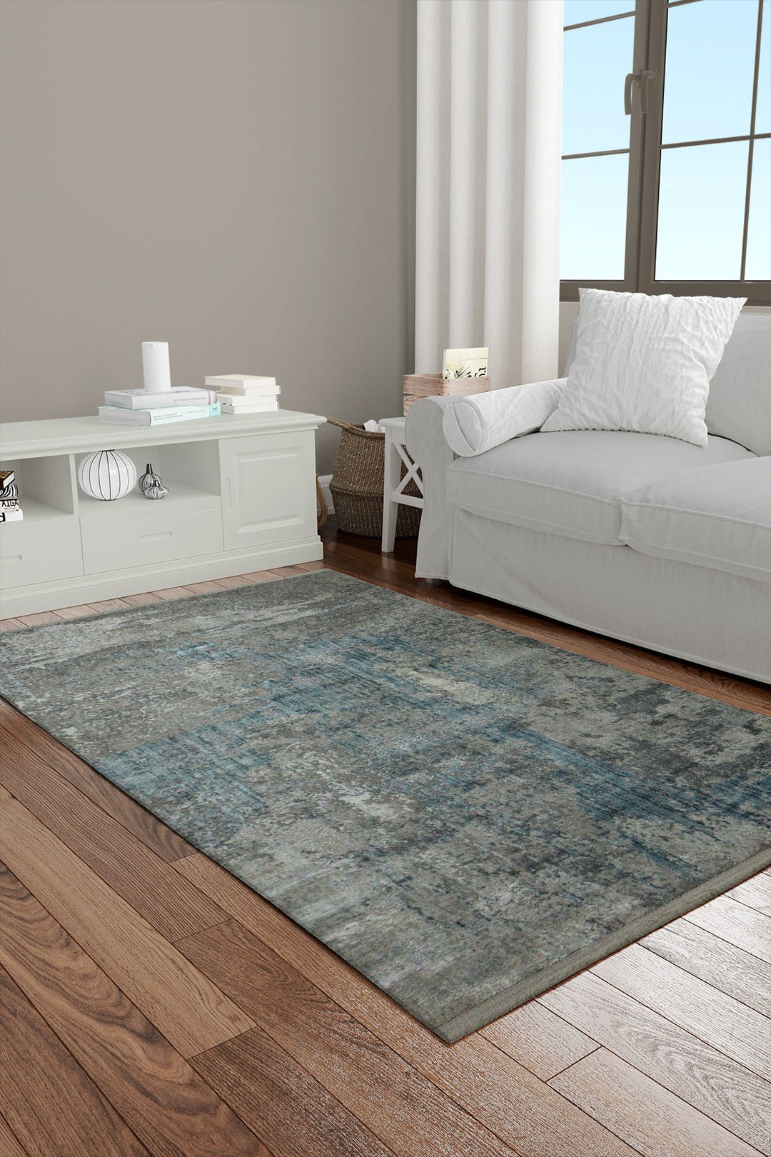 Turkish Modern Festival Viscos Rug - 2.6 x 3.9 FT - Beige & Blue - Sleek and Minimalist for Chic Interiors - V Surfaces