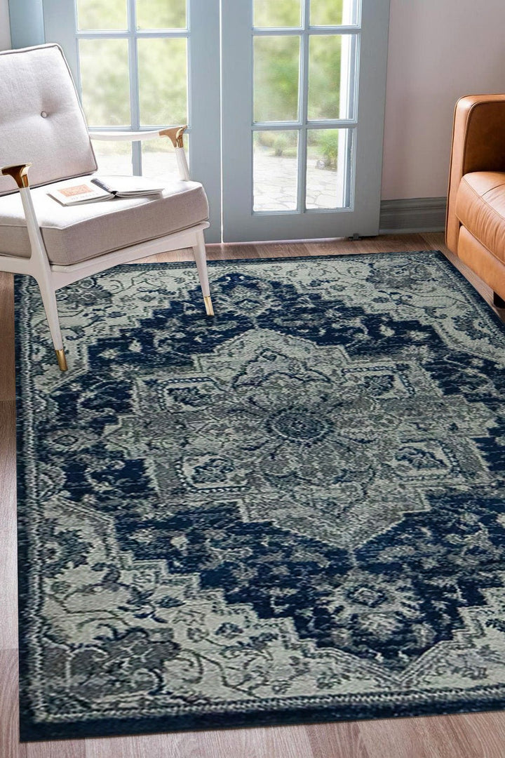 Turkish Modern Festival WD Rug - 5.3 x 7.5 FT - Blue and Cream - Sleek and Minimalist for Chic Interiors - V Surfaces