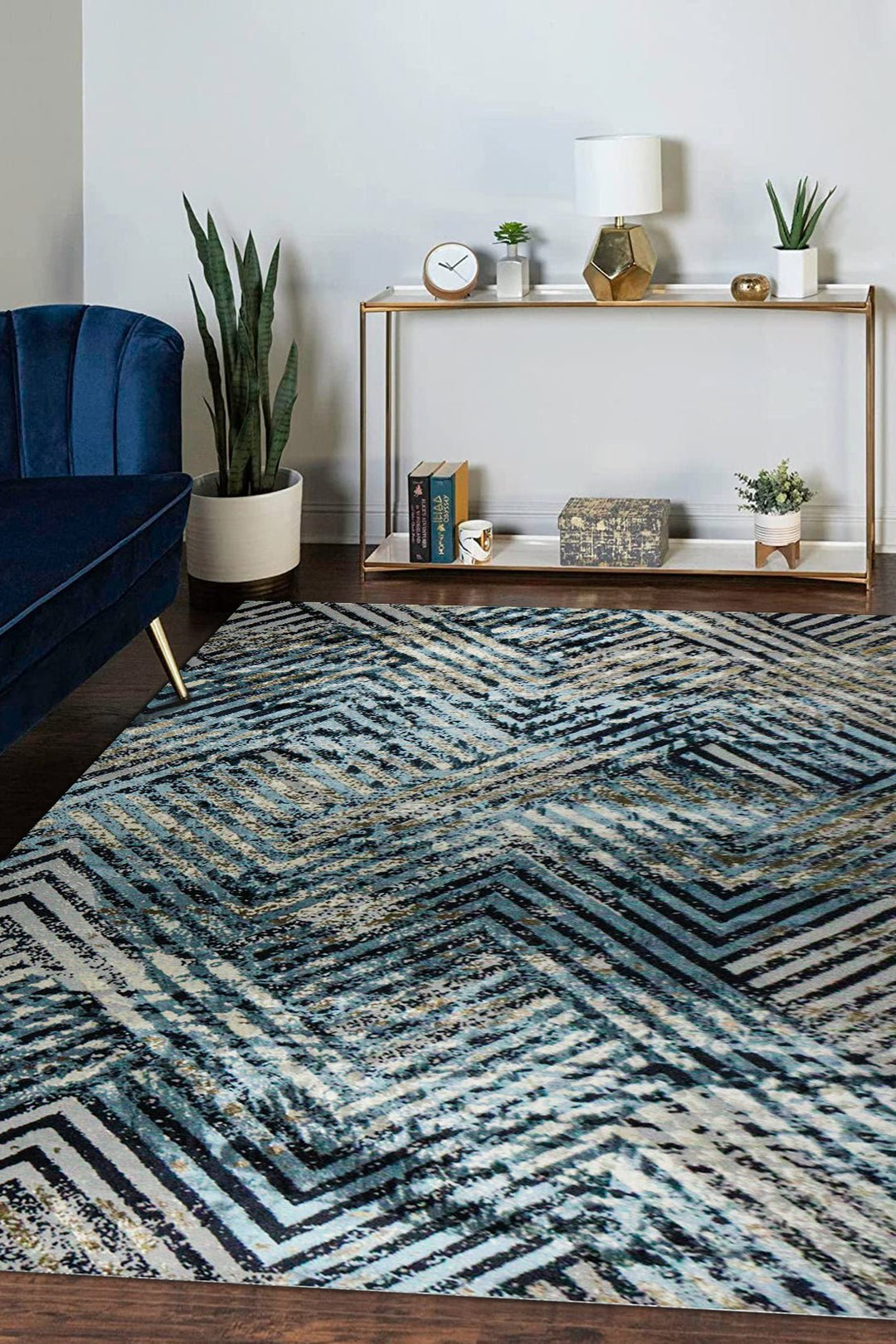 Turkish Modern Fusion Rug - Blue & L Brown - 6.5 x 9.5 FT - Superior Elegant Rug for Living Room - V Surfaces