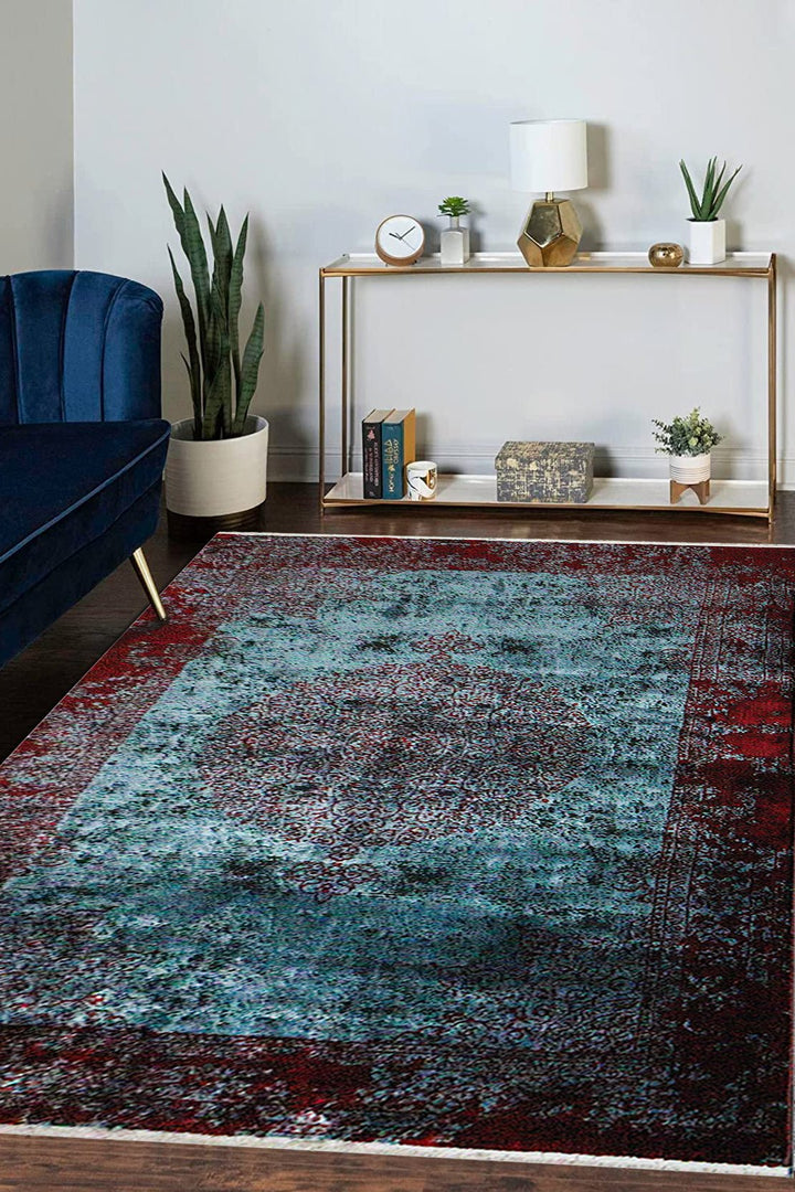 Turkish Modern Vk-Gem Rug - Blue & Red - 6.5 x 9.5 FT- Sleek and Minimalist for Chic Interiors - V Surfaces