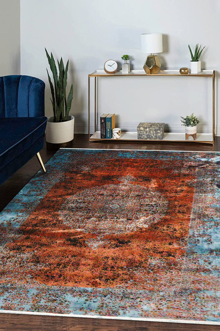 Turkish Modern Vk-Gem Rug - Red & Blue - 6.5 X 9.5 Ft- Sleek And Minimalist For Chic Interiors - V Surfaces