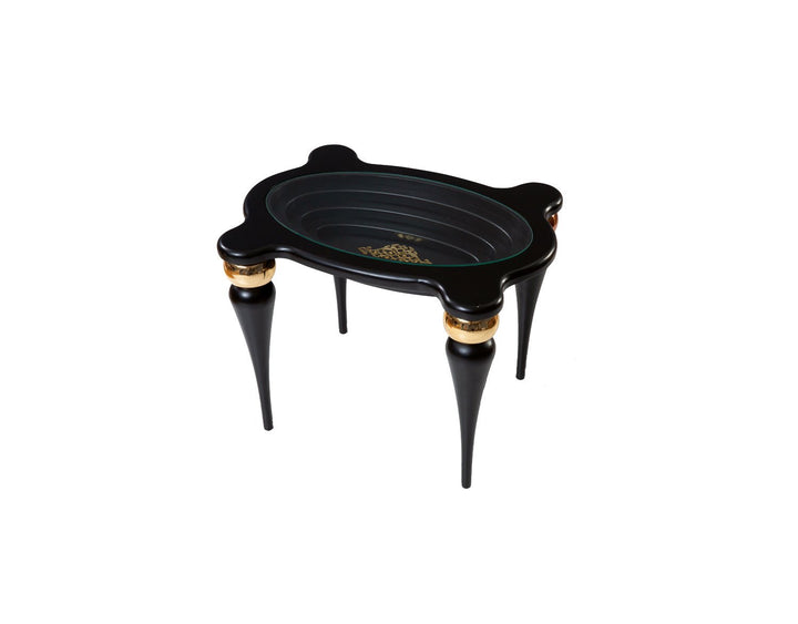 Turkish Side Table - MDF Paint - Black Table With Golden Design - Tempered Glass - V Surfaces