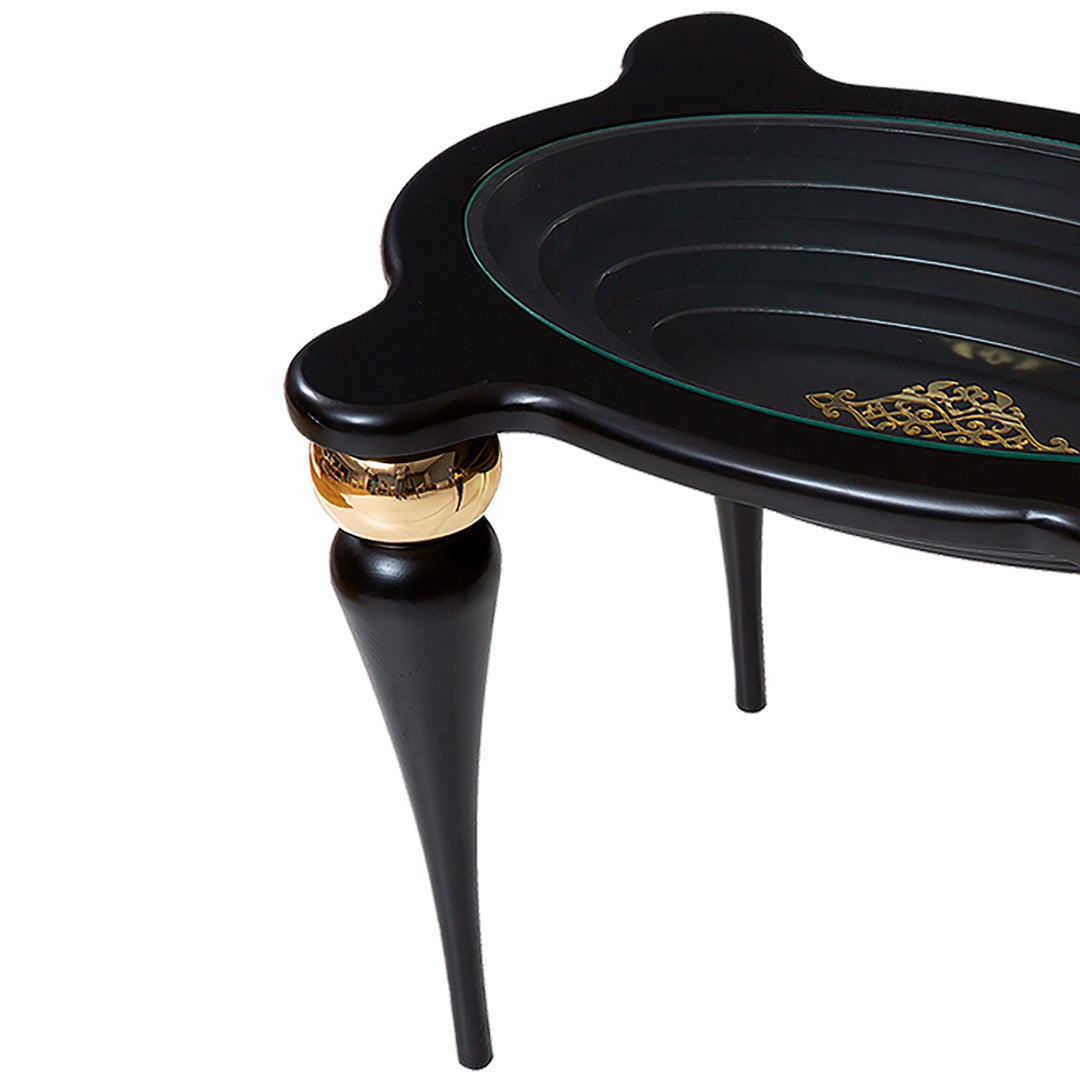 Turkish Side Table - MDF Paint - Black Table With Golden Design - Tempered Glass - V Surfaces