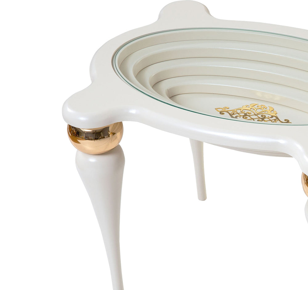 Turkish Side Table - MDF Paint - Cream Table With Golden Design - Tempered Glass - V Surfaces
