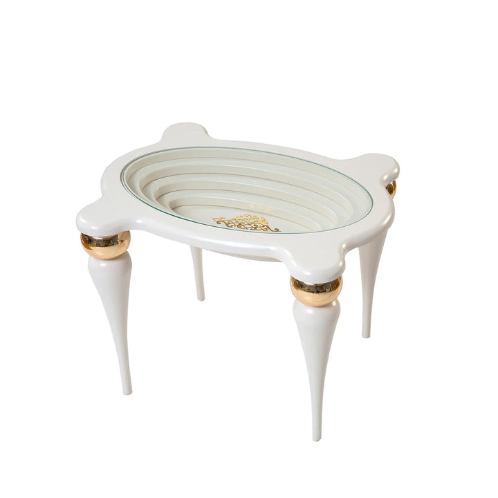 Turkish Side Table - MDF Paint - Cream Table With Golden Design - Tempered Glass - V Surfaces