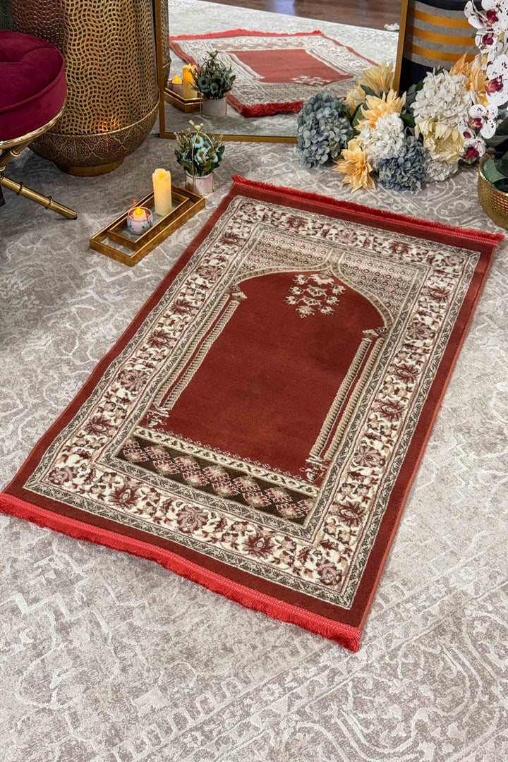 Turkish Style Acrylic Sajjadeh Prayers Mat - Maroon - Soft, Durable, and Easy to Clean - V Surfaces