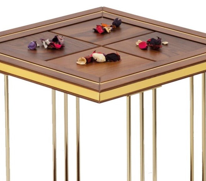 Turkish Walnut Gold Side Table - MDF With Vineer Paint - Metal Plated Legs - Walnut - V Surfaces