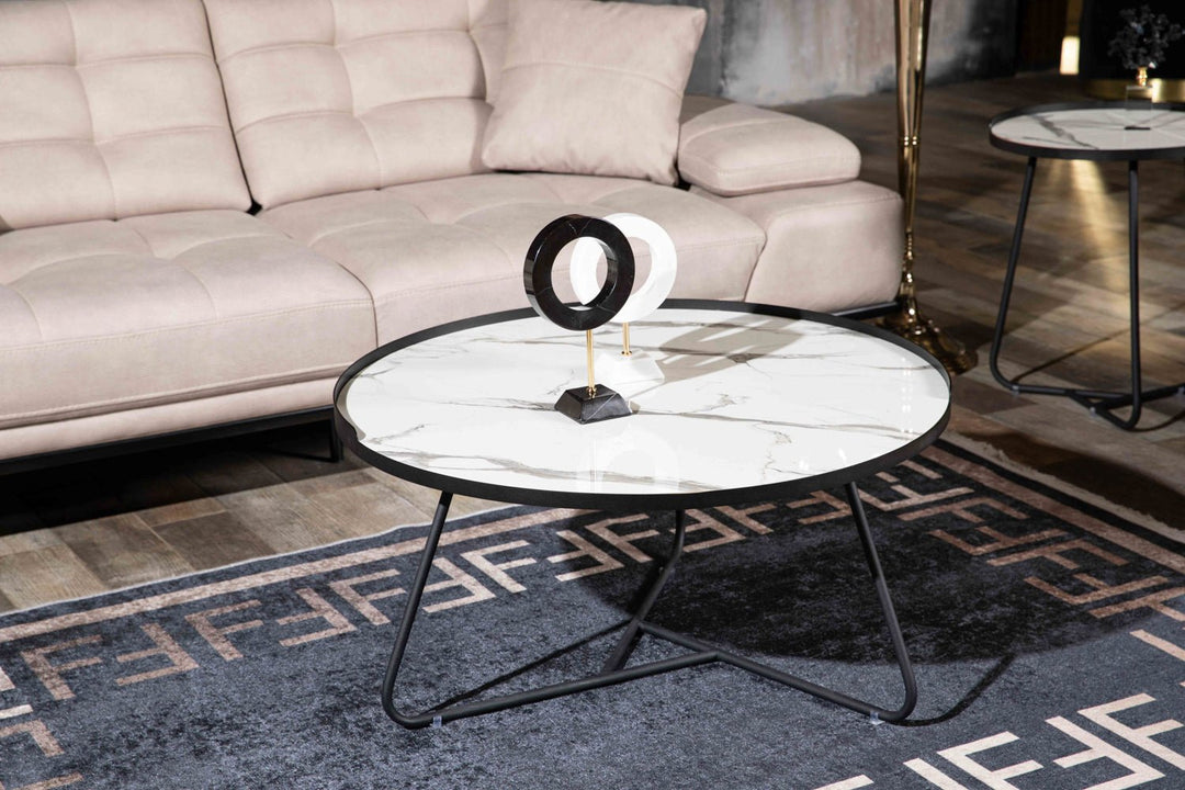 Turkish White MDF Marble Center Table, Gold and White - V Surfaces