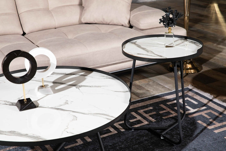 Turkish White MDF Marble Center Table, Gold and White - V Surfaces